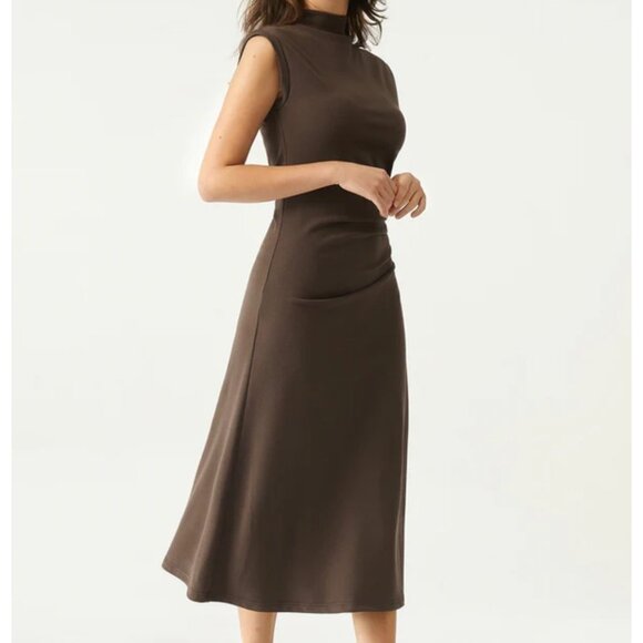 OGL Mockneck Tucks Midi Dress Sz Medium Womens Brown Sleeveless Stretchy Ruched - Picture 3 of 16